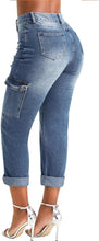 Load image into Gallery viewer, Cropped Trendy Dark Blue Denim High Waist Cargo Style Pants