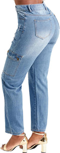 Cropped Trendy Blue Denim High Waist Cargo Style Pants