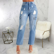 Load image into Gallery viewer, Cropped Trendy Blue Denim High Waist Cargo Style Pants