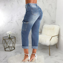 Load image into Gallery viewer, Cropped Trendy Dark Blue Denim High Waist Cargo Style Pants