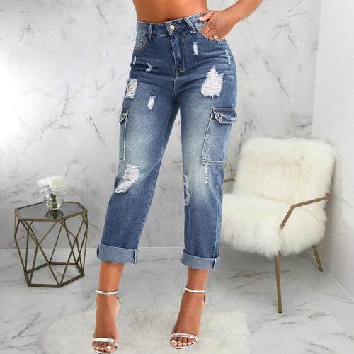 Cropped Trendy Dark Blue Denim High Waist Cargo Style Pants