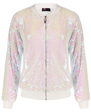 Load image into Gallery viewer, Shell White Sequin Embellished Bomber Long Sleeve Jacket