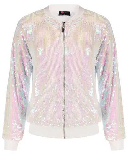 Shell White Sequin Embellished Bomber Long Sleeve Jacket