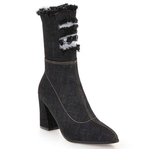 Black Denim Pointed Toe Ankle Boots