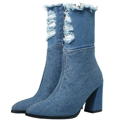 Dark Blue Denim Pointed Toe Ankle Boots