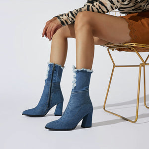 Dark Blue Denim Pointed Toe Ankle Boots