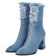 Load image into Gallery viewer, Light Blue Denim Pointed Toe Ankle Boots