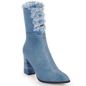 Light Blue Denim Pointed Toe Ankle Boots
