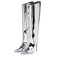 Load image into Gallery viewer, Silver Fashion Forward Metallic Knee High Stiletto Boots