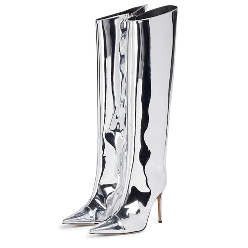 Silver Fashion Forward Metallic Knee High Stiletto Boots