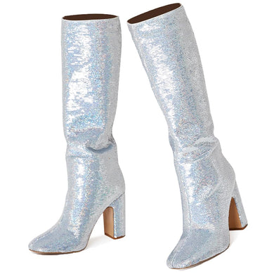 Silver Sequin Glitter Knee High Boots