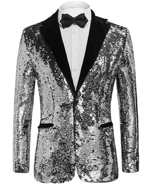 Silver Men's Sequin Glitter Long Sleeve Blazer Jacket
