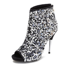 Load image into Gallery viewer, Silver Sequined Stiletto Glitter Open Toe Ankle Booties