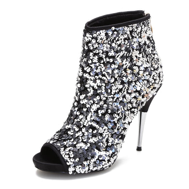 Silver Sequined Stiletto Glitter Open Toe Ankle Booties