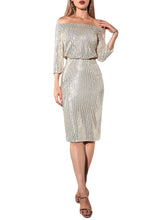 Load image into Gallery viewer, Silver Sparkling Off Shoulder Sequin Midi Dress