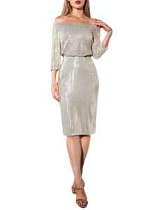 Silver Sparkling Off Shoulder Sequin Midi Dress