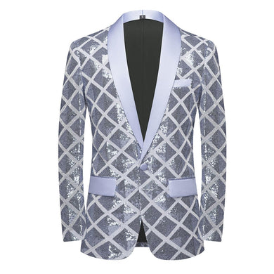 Silver Men's Diamond Sequin Long Sleeve Blazer