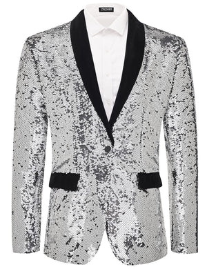 Silver Men's Colorful Sequin Long Sleeve Blazer Jacket