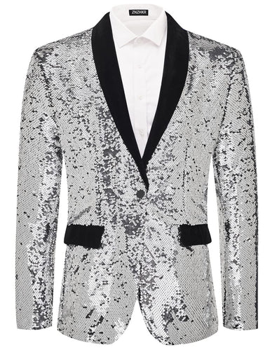 Silver Men's Colorful Sequin Long Sleeve Blazer Jacket