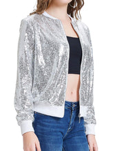 Load image into Gallery viewer, Silver Sequin Embellished Bomber Long Sleeve Jacket