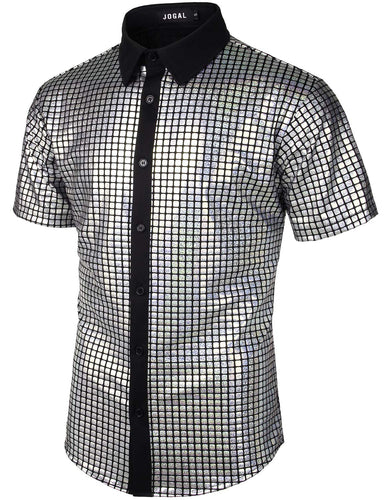 Men's Silver Metallic Sequin Shiny Short Sleeve Shirt