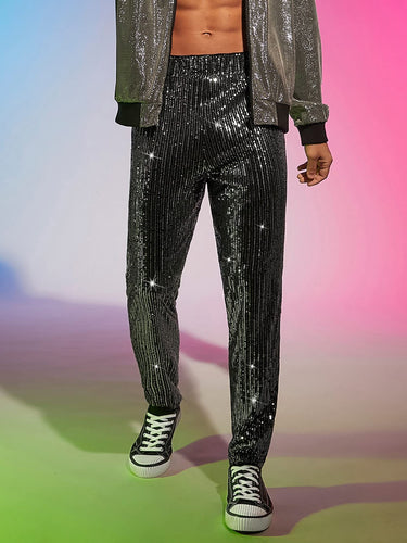 Men's Black & Silver Sequin Glitter Dress Pants