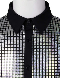 Men's Silver Metallic Sequin Shiny Short Sleeve Shirt