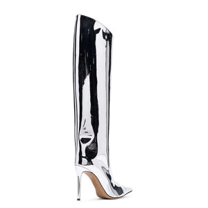 Silver Fashion Forward Metallic Knee High Stiletto Boots