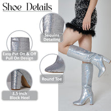 Load image into Gallery viewer, Silver Sequin Glitter Knee High Boots
