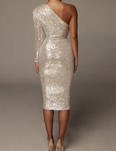 Exclusive Silver One Sleeve Draped Sequin Midi Dress