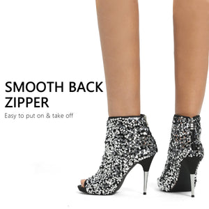 Silver Sequined Stiletto Glitter Open Toe Ankle Booties