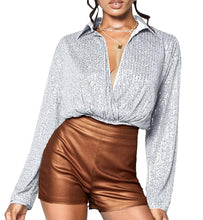 Load image into Gallery viewer, Silvery Sequined Long Sleeve Crop V Neck Blouse