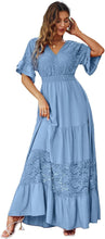 Load image into Gallery viewer, Lace Knit Light Blue Deep V Maxi Dress