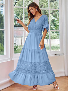 Lace Knit Light Blue Deep V Maxi Dress