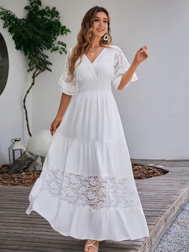 Lace Knit White Deep V Maxi Dress