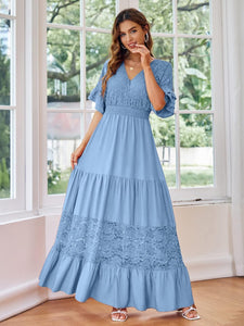 Lace Knit Light Blue Deep V Maxi Dress