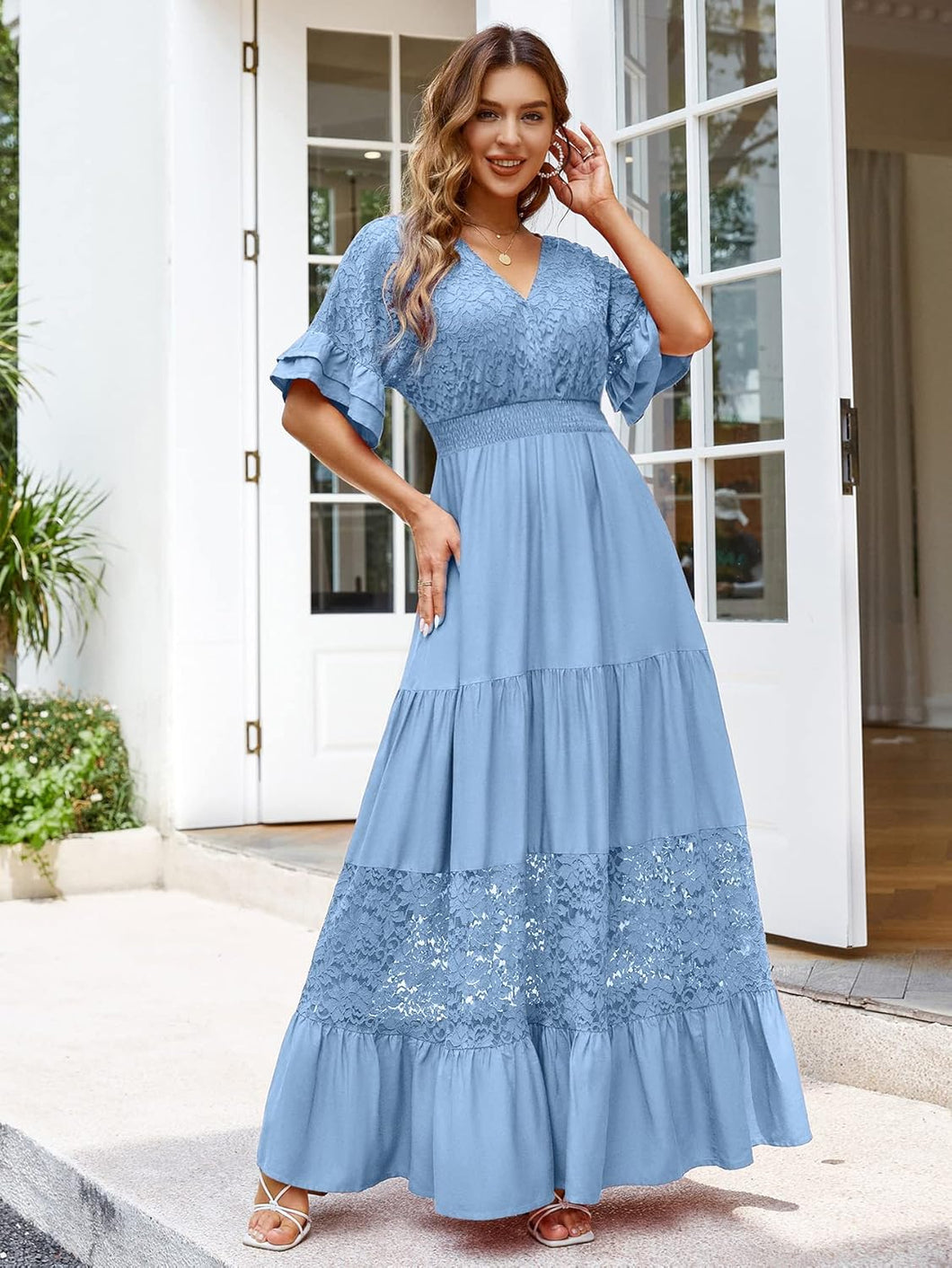 Lace Knit Light Blue Deep V Maxi Dress