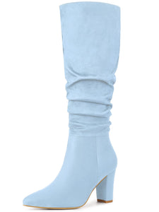 Sky Blue Slouchy Pointy Toe Knee High Boots