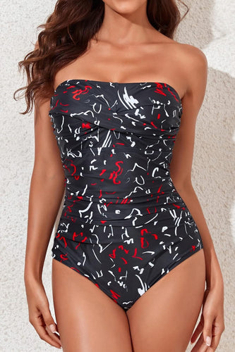 Strapless Black Print One Piece Ruched Padded Swimsuit