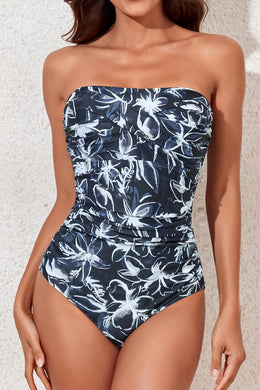 Strapless Grey Floral One Piece Ruched Padded Swimsuit