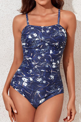 Strapless Blue Floral One Piece Ruched Padded Swimsuit