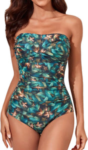 Strapless Blue Floral One Piece Ruched Padded Swimsuit