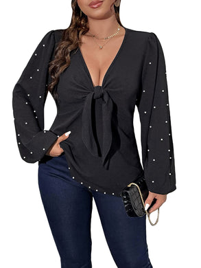Solid Black Plus Size Pearl Beaded Long Sleeve Top