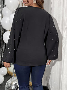 Solid Black Plus Size Pearl Beaded Long Sleeve Top