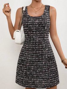 Solid Black Classic Plaid Sleeveless Tweed Mini Dress