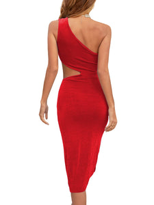Party Red One Shoulder Cut Out Midi Dress