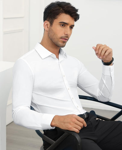 Men's Stretch White Muscle Fit Long Sleeve Shirt