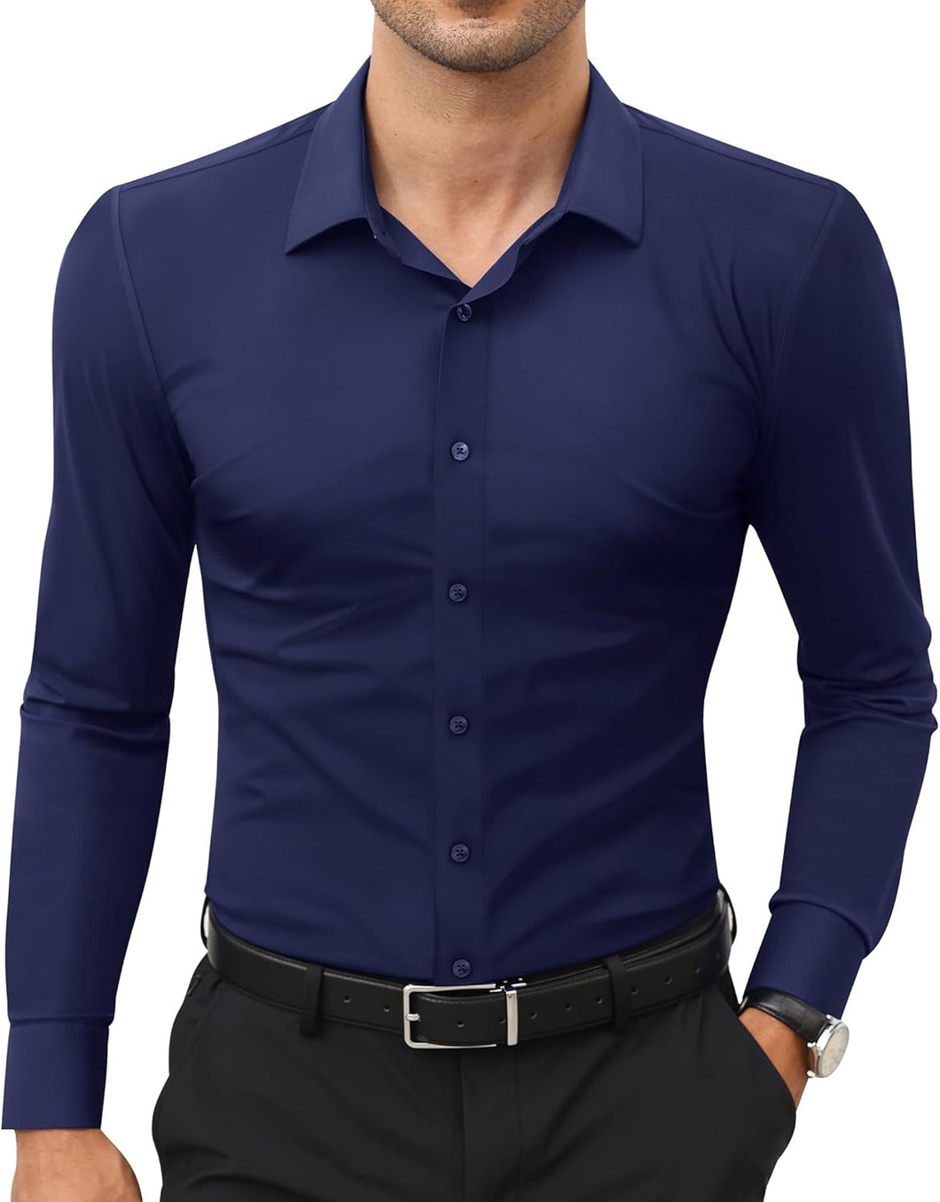 Men's Stretch Navy Blue Muscle Fit Long Sleeve Shirt