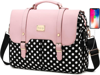 Polkadot Pink & Black Printed Top Handle Laptop Bag