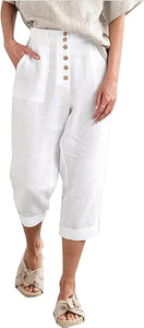 Beige Linen Button Front Capri Pants